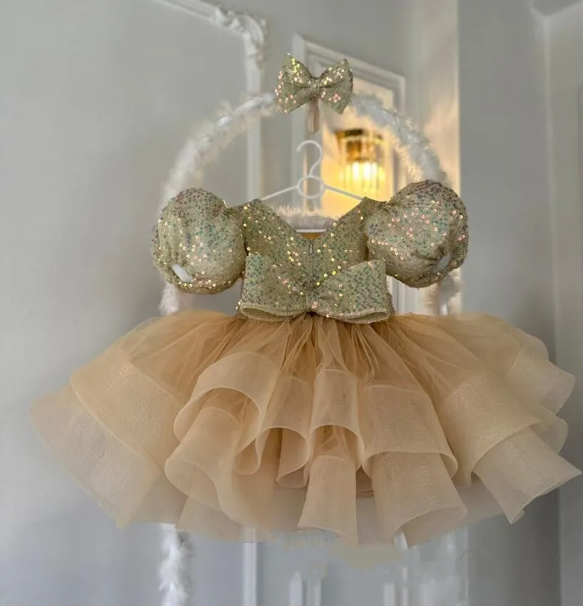 Champagne Tulle Girls Dresses Kids Clothes Children 12M 24M Birthday Princess Wedding Prom Dance Costume 1-14 Year Vestidos