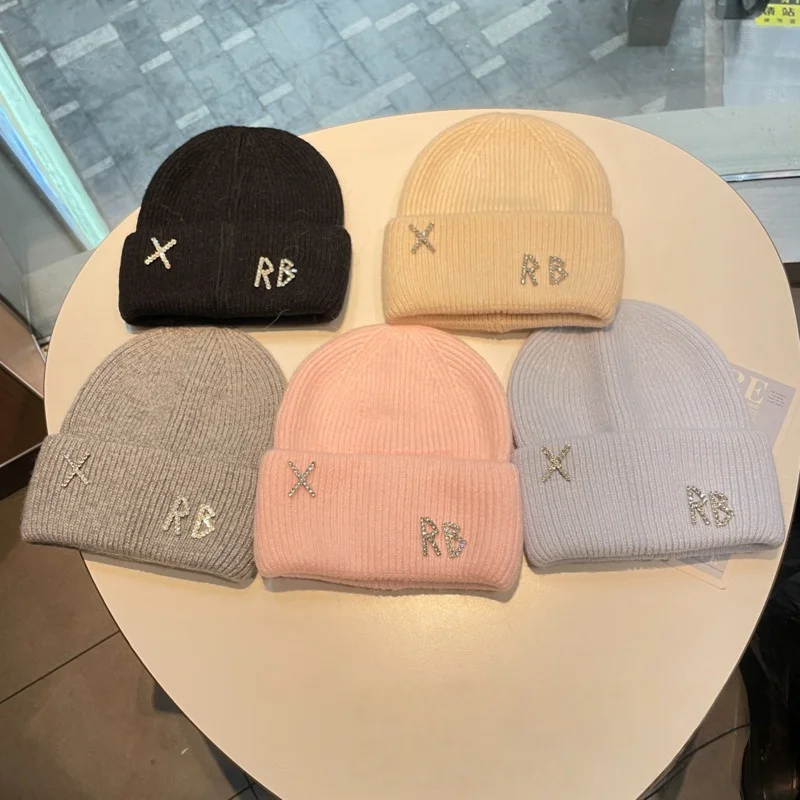 New Real Rabbit Fur Diamonds Letter Beanies Hats For Women Winter Warm Knitted Hat Famous Brand Lady Casual Bonnet Skiing Cap