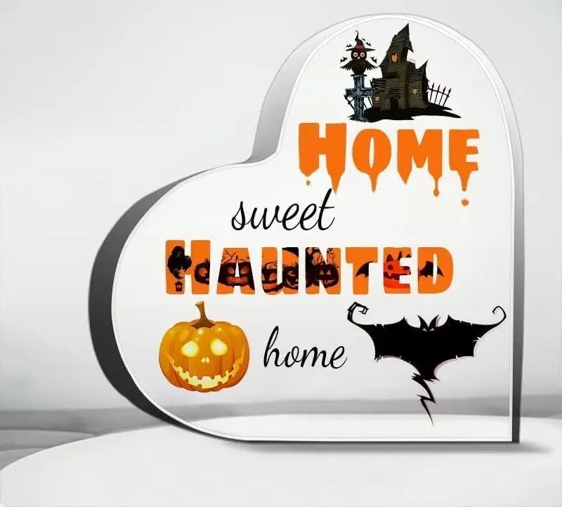 Heart‑Shaped Acrylic Plaque Home Sweet Haunted Home Haunted House Owl Jack‑O‑Lantern Pumpkin Bat Print Freestanding Table Ornament Spooky Halloween Desk Shelf Home Decor Gothic Fall Keepsake Decoration Gift