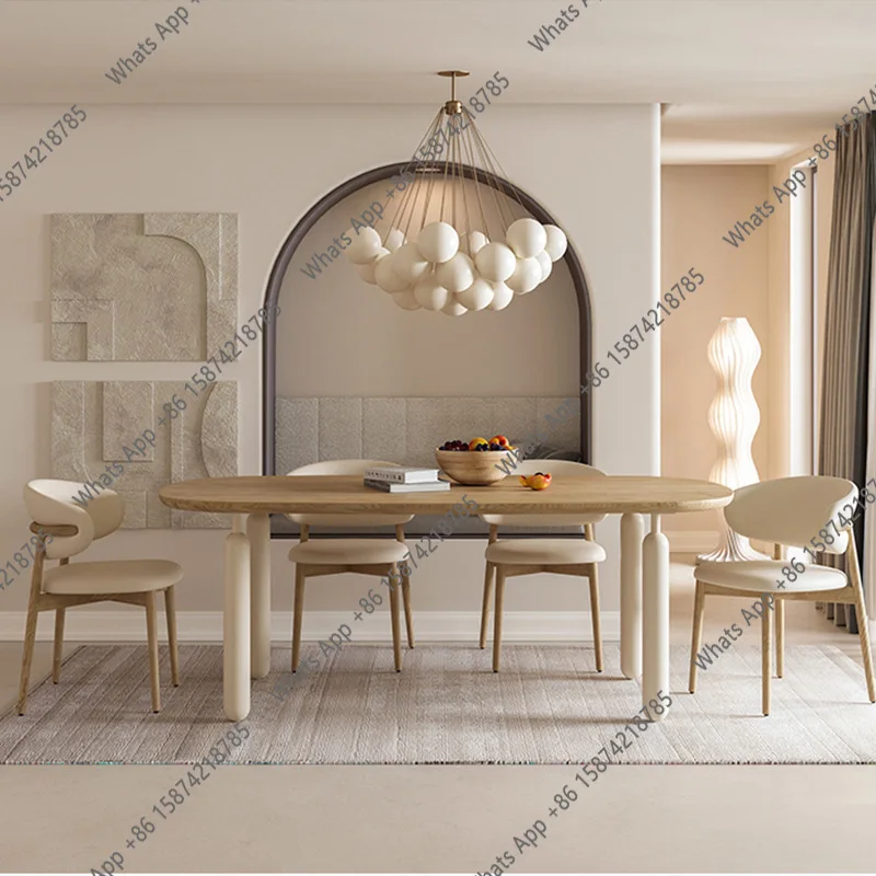 ANordic simple cream style all solid wood dining table and chair combination oval household log long table ash wood