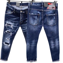 Chareiharper DSQ 9131-pantalones vaqueros de corte recto para hombre, Jeans elásticos de algodón con pintura azul, proceso de desgarros al agua, diseño italiano