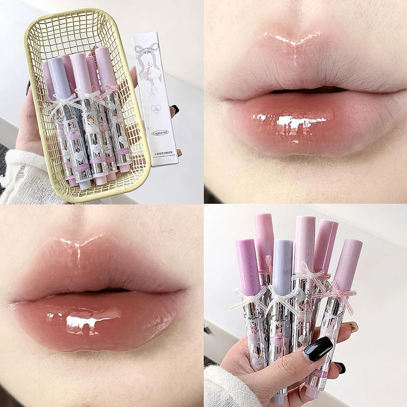 1Pc Cappuvini Ballet Girls Mirror Crystal Lip Gloss - Waterproof Film Forming Jelly Lip Tint with Sponge Head Glass Lip Glaze