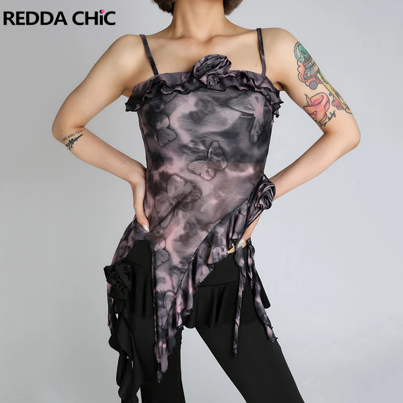 

REDDACHiC Tie Dye Butterfly Asymmetric Top Women Flowy Ruffle Hem Printing Mesh Backless Camisole Summer Music Festival Outfit