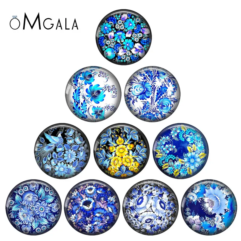 

New Blue Folk Art Flower Floral Art Patterns 12mm/18mm/20mm/25mm Round Photo glass cabochon demo flat back Making findings