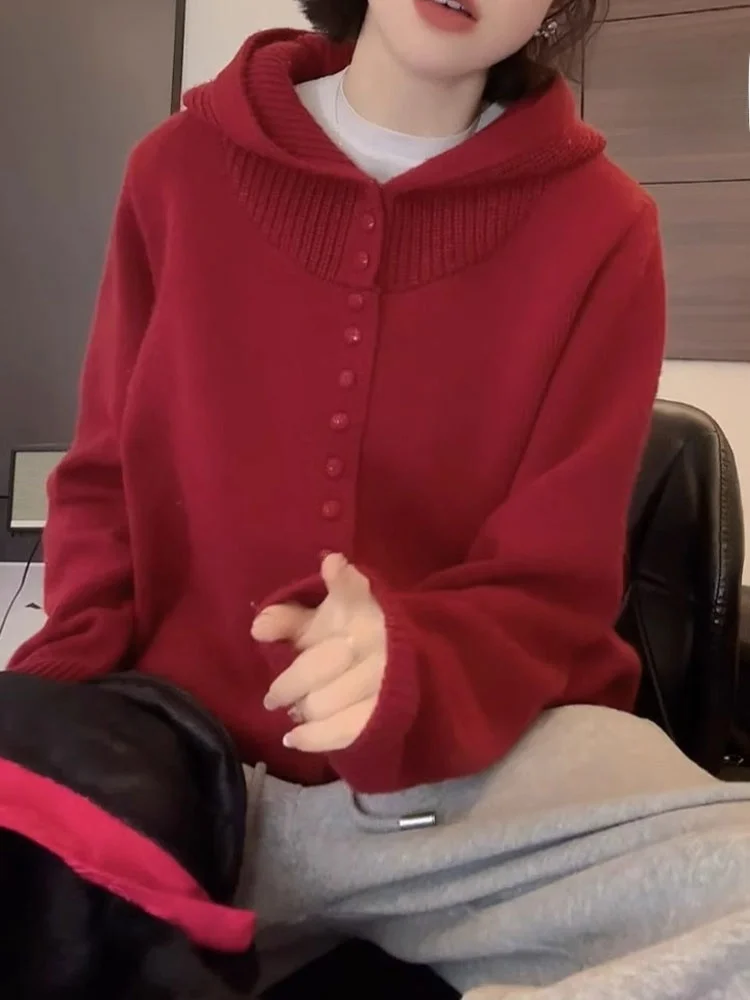 

Мягкая удобная вязаная шапка на одной пуговице, длинный свитер свека Camere для поездок на работу, корейская версия, свободный крой с высоким воротником