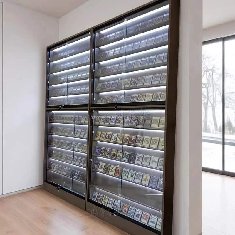 custom.Black Freestanding LED Light Trading Card Display Cabinet Lockable Acrylic Glass Showcase Sports/TCG Collectibles