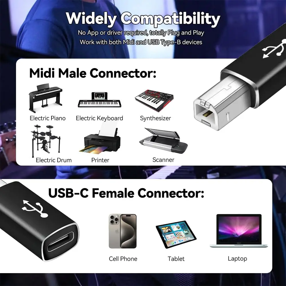 Męski Adapter NNBILI Type-C do USB-B na MacBook/iPad kompatybilny ze skanerem elektronicznego pianina/klawiatury/perkusji