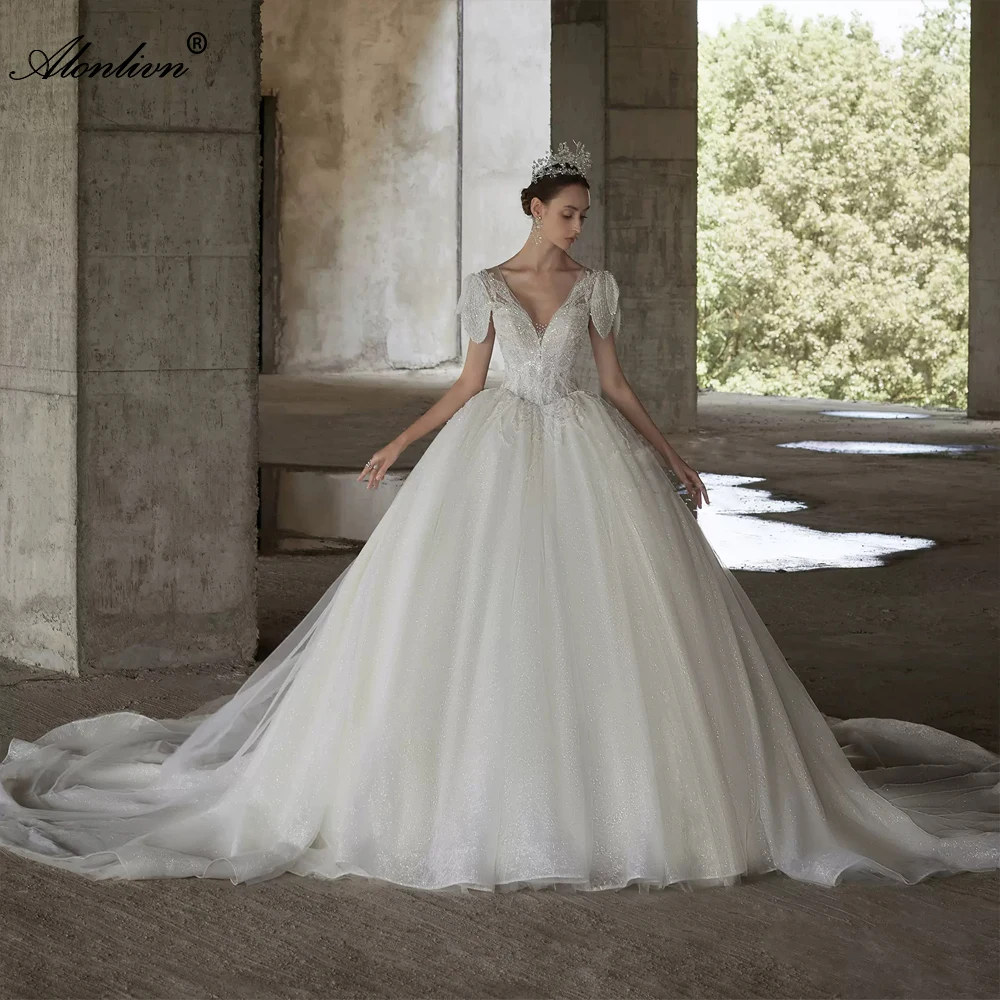 Alonlivn Customize Made V-Neck Gorgeous Voile Ball Gown Wedding Dresses Beading Appliques Lace Court Train Bridal Skirts