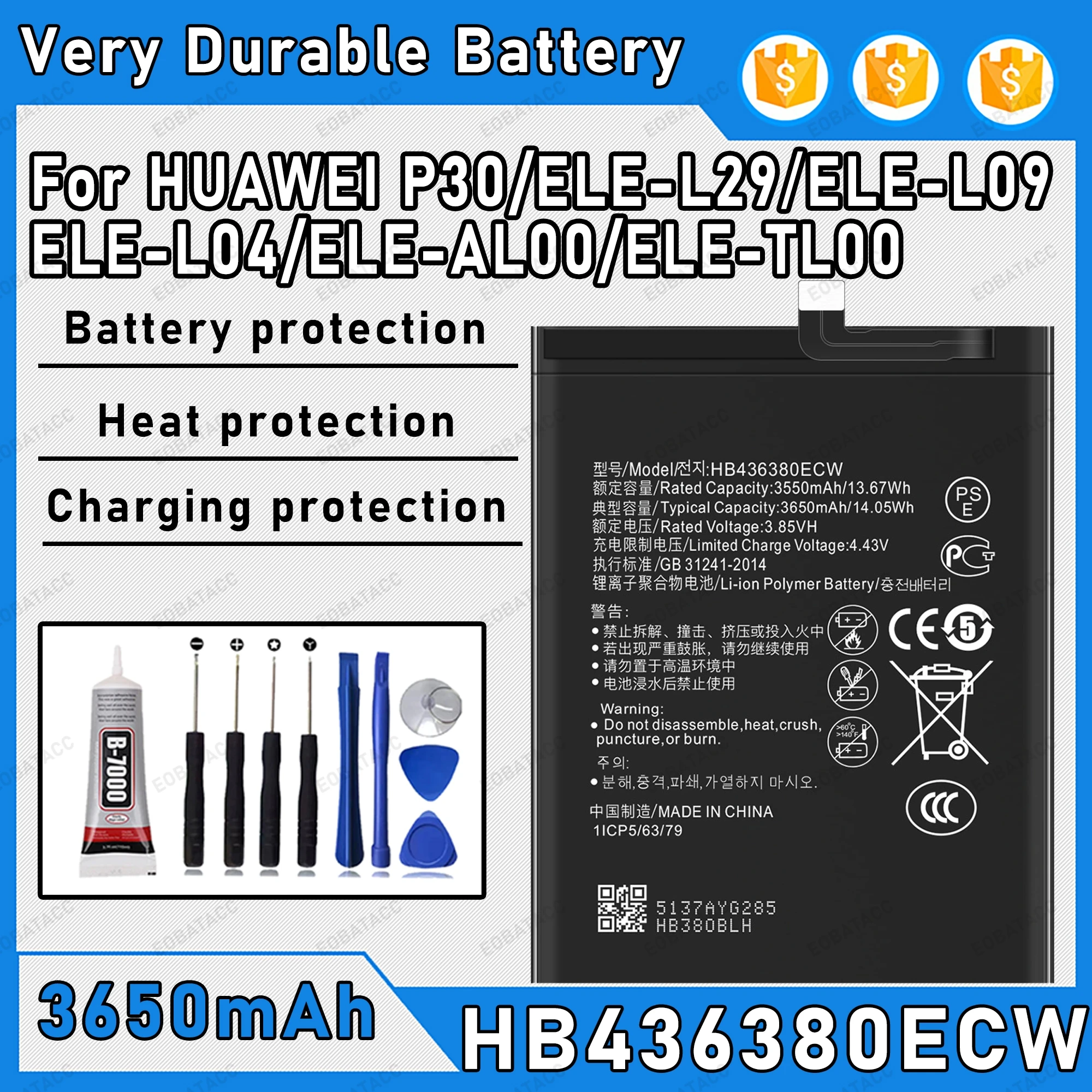 

3650mAh 100% New HB436380ECW Battery For HUAWEI P30/ELE-L29 Replacement Bateria+Free Tools