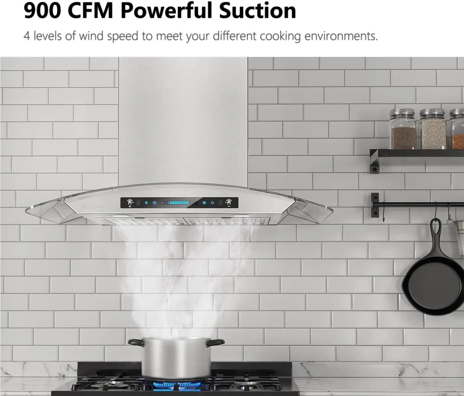 30-inch Wall Mount Range Hood Tempered Glass 900 CFM, Kitchen Chimney Vent Stainless Steel with Gesture Sensing & Touch