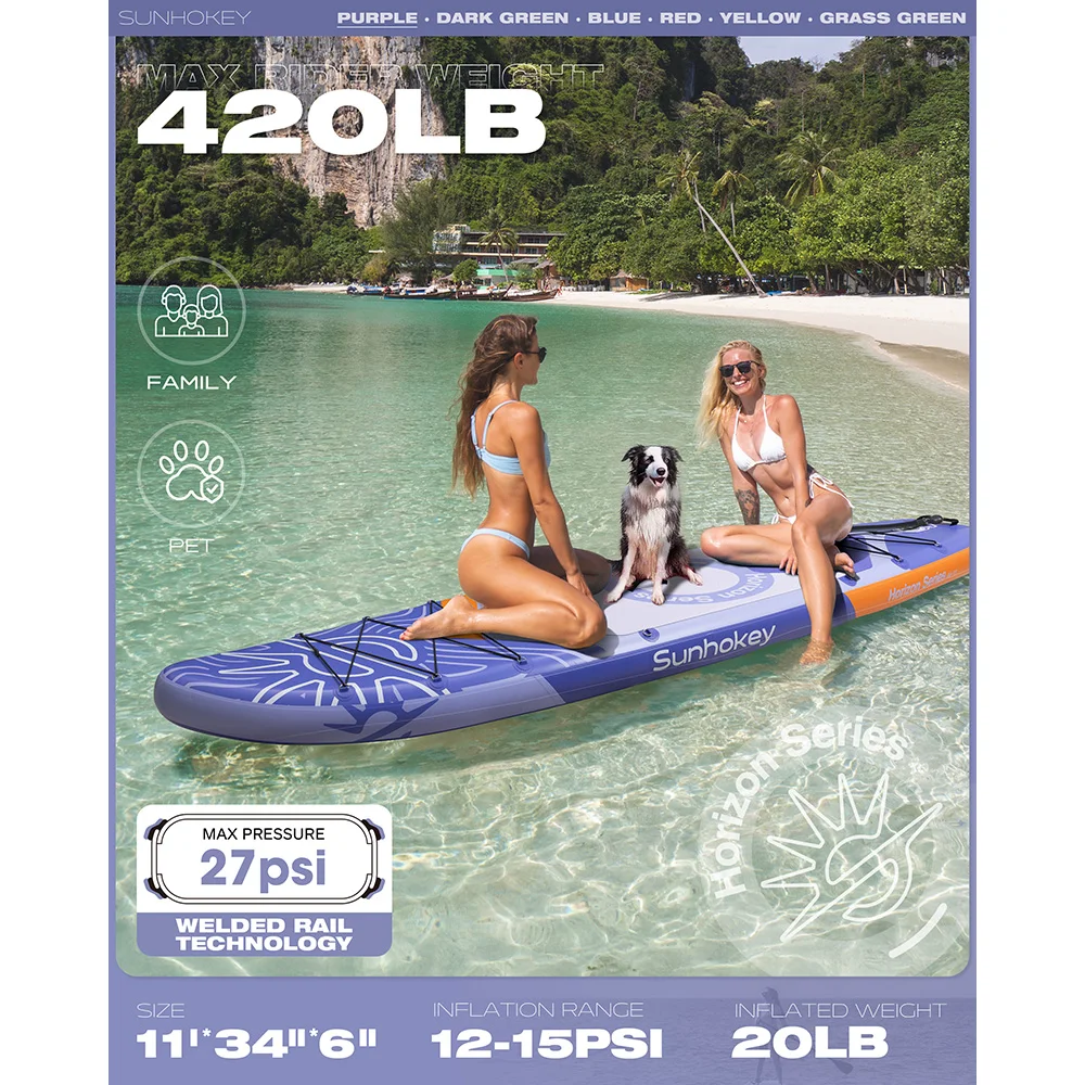Sunhokey Purple Sup Waterproof Inflatable Paddle Board 11''x34''x6'' Adult Standing Style Aquatic Fishing With Accessories SUB 3
