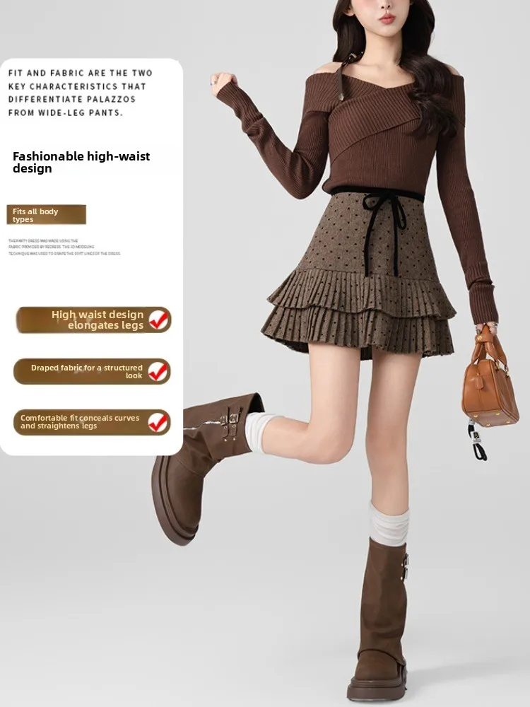 Jupe en mousseline de soie à taille haute, nouvelle collection printemps-automne, couleur café, à pois, jupe trapèze pour femme avec ourlet en dentelle