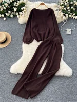 SINGREINY 2026 Winter Thick Women Suits Loose Sweater Tops+High Waist Wide Legs Long Pants Autumn Solid Causal Warm 2 Piece Sets - Image 3