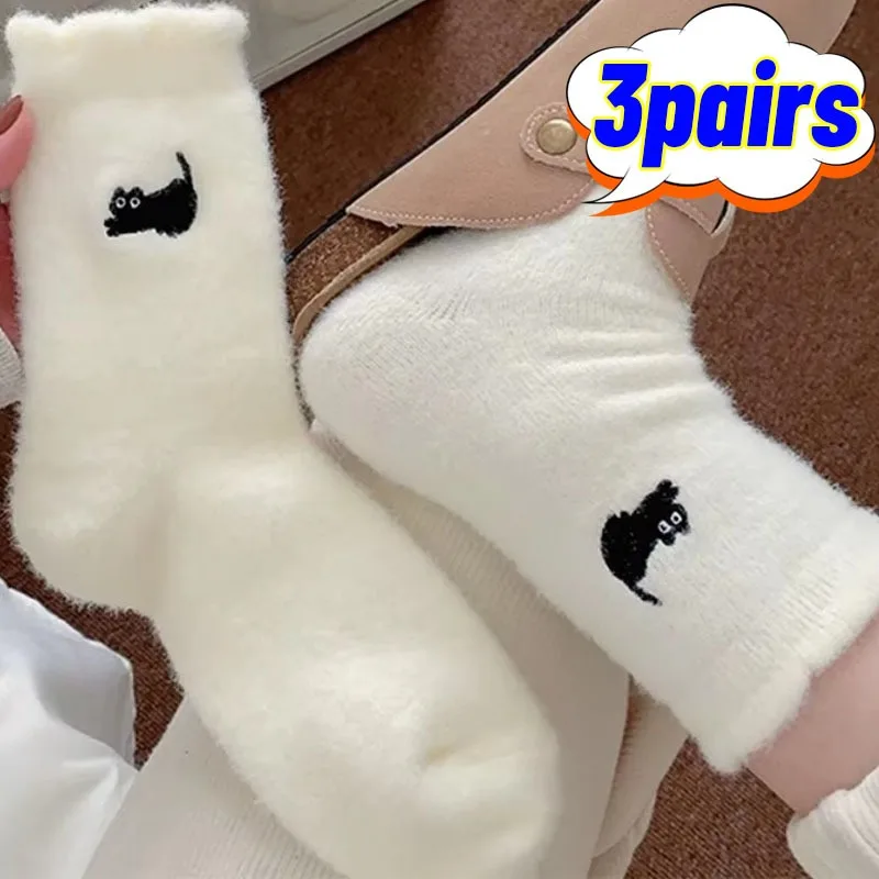 3/1Pairs Premium Feel Cute Cat Cozy Hairy Mink Velvet Socks Autumn Winter Hosiery Thickened Plush Warm Sleep Home Fluffy Socks