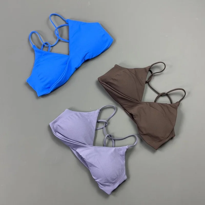 Women Yoga Bra Thin Delicate Straps Solid Color Smooth Surface Sports Brassiere Pilates Barre Indoor Workout Daily Layering Top