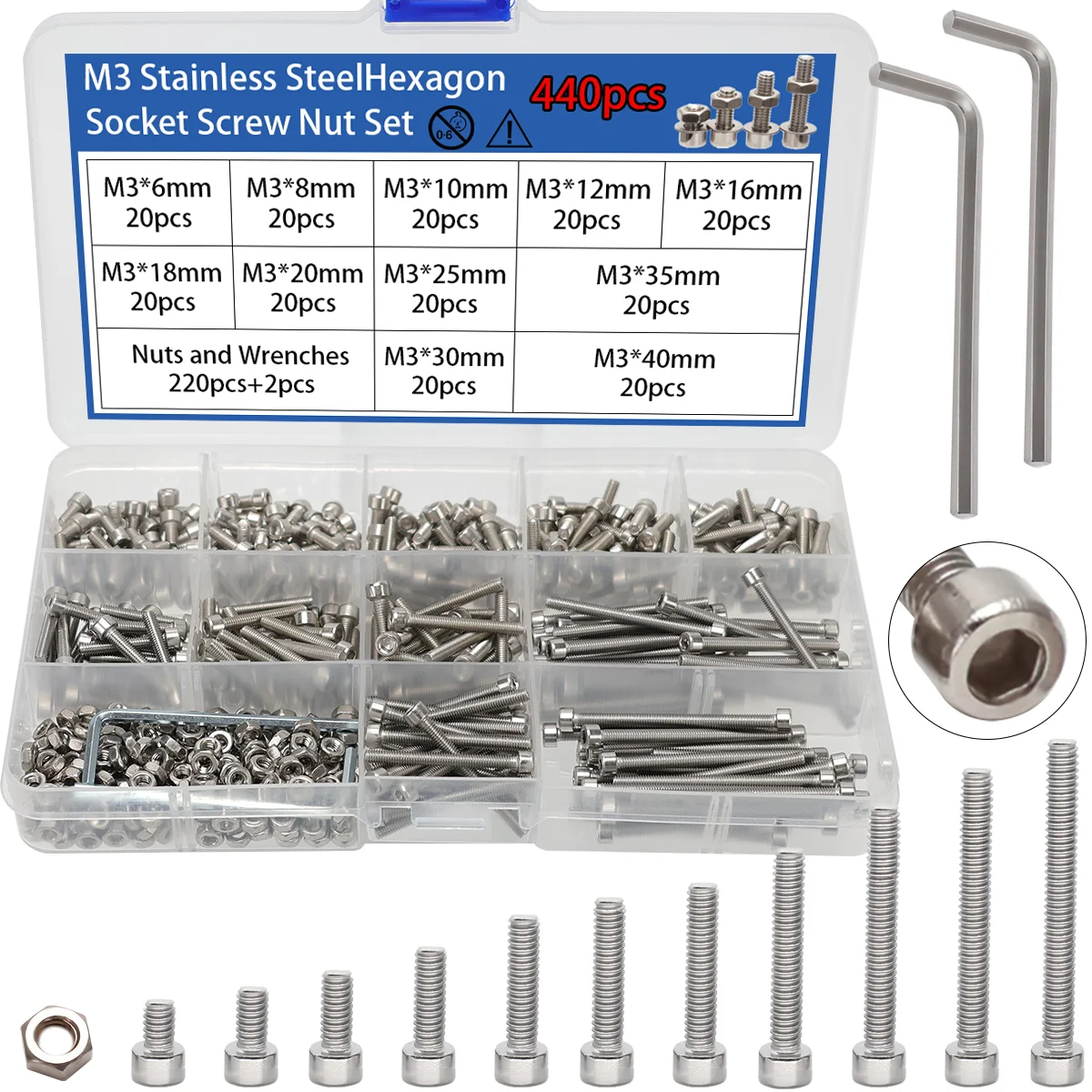 440 Stück M3 Edelstahl Innensechskantschrauben und Muttern Set, Muttern Set, Maschinenschrauben, DIY-Werkzeuge