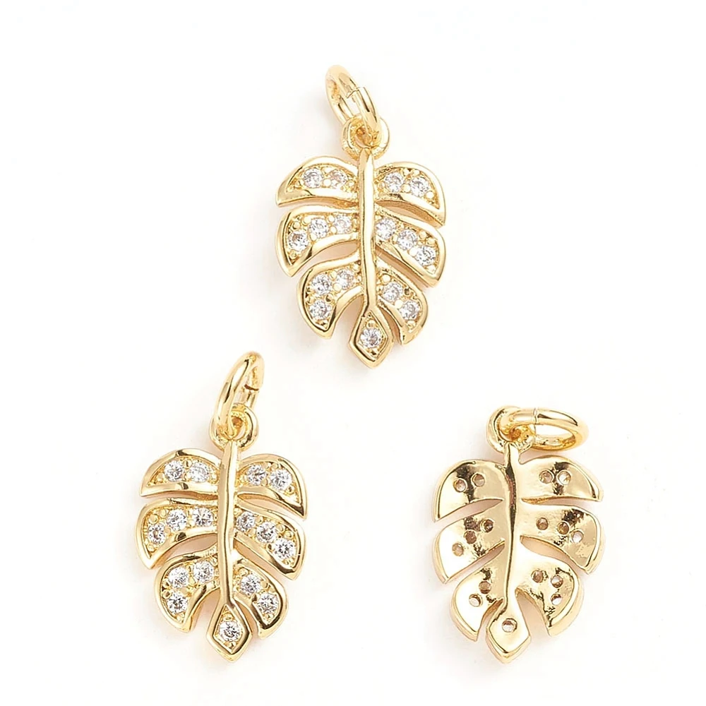 

10pcs Metal Cubic Zirconia Pendants Tropical Leaf Charms with Jump Ring Monstera Leaf Clear Golden for DIY Necklace Earring