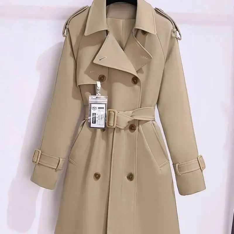 

Trendy Women's Trench Coats New Spring Autumn High-End Mid-Length Slim Outerwear Double-Breasted Belt Long Sleeves Windbreaker