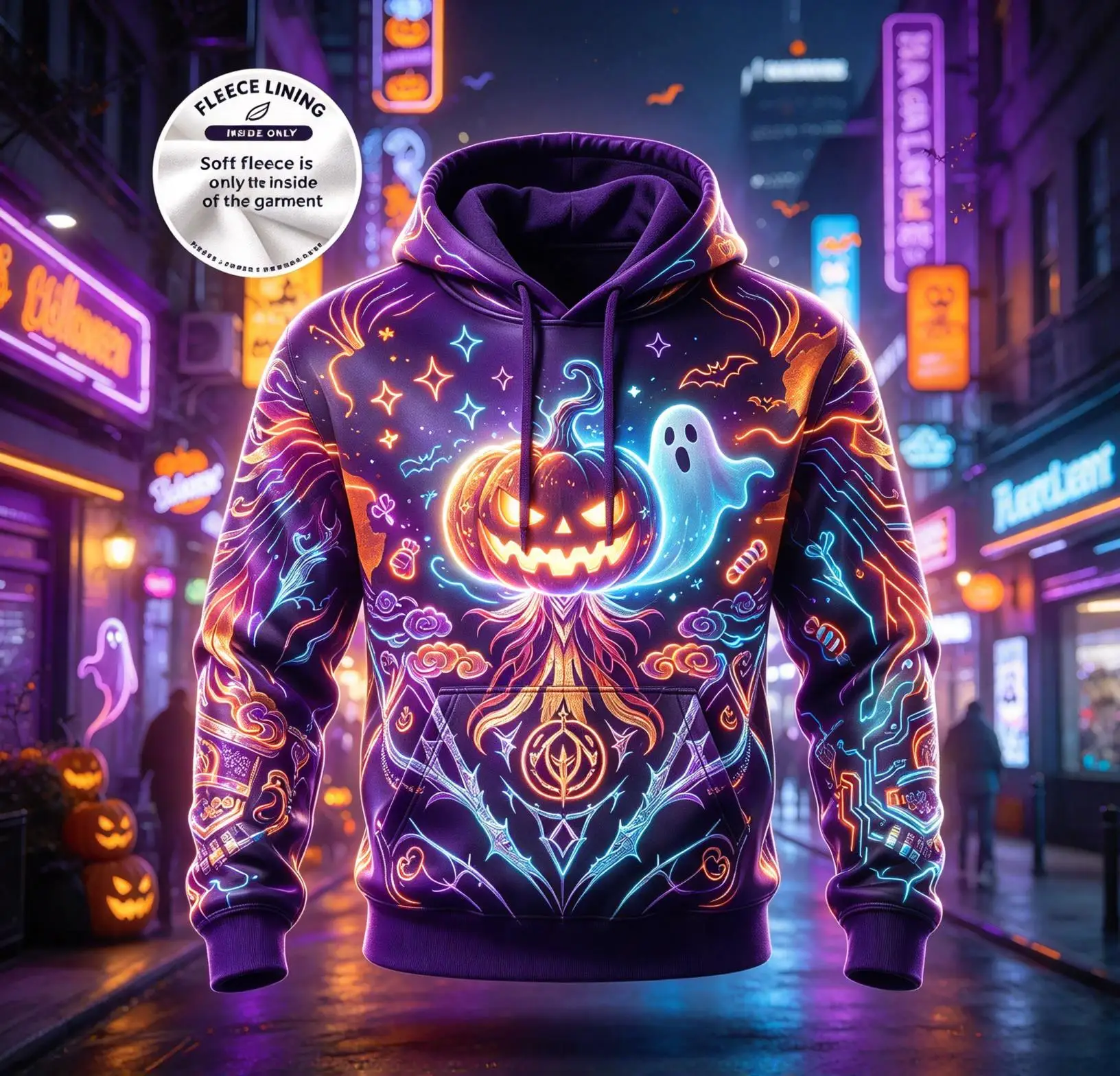 Mens Neon Jack O Lantern Ghost All Over Print Hoodie, Halloween Cyber City Sweatshirt, Fleece Lining Hooded Party Top