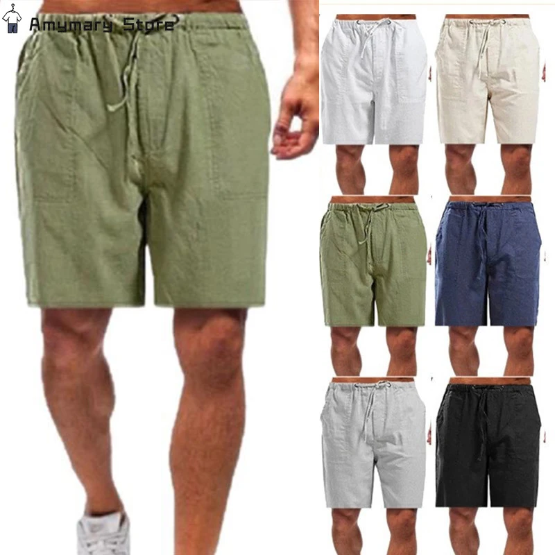 Mens Korean Fashion Summer Linen Chino Shorts Elasticated Cotton Loose Casual Beach Half Pants Work Wear Solid Color 2024 New