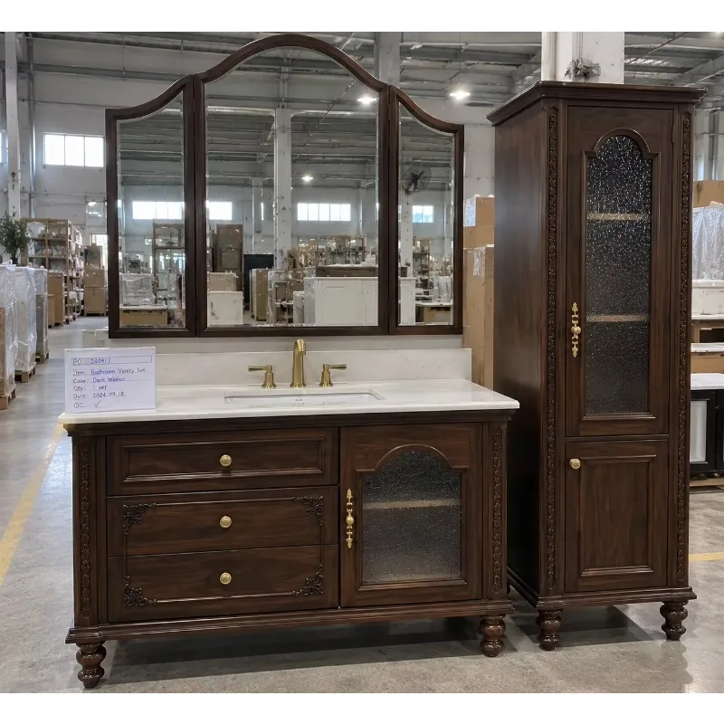 Solid Oak Water Resistant Hotel Bathroom Vanity 1000mm 500mm Side Storage Cabinet Drawers Ceramic Basin Smart Mirror Classic