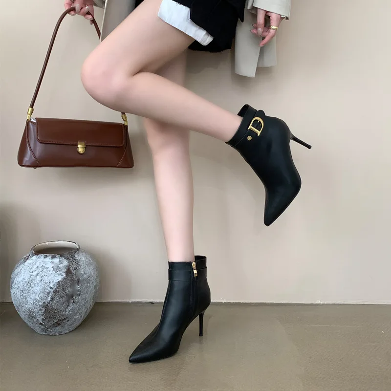 Alionly 2025 New leated Wedges High Heels Women Ankle Boots Street Style Concise Pointed Toe Banquet Dress Shoes