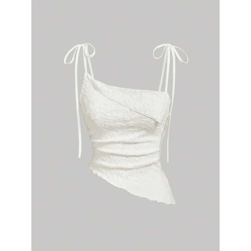 Damski Letni Biały Top Krótki z Teksturowanej Tkaniny, Seksowny Bez Pleców, Asymetryczny, Wiązany na Szelkach, Plisowany, Słodki Top Wakacyjny