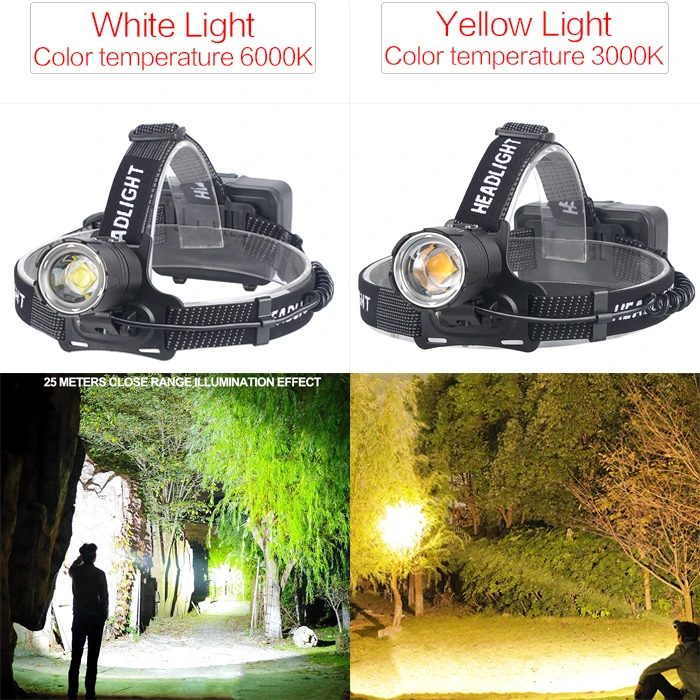 Faro delantero LED superbrillante, luz amarilla/blanca, recargable, resistente al agua, con zoom