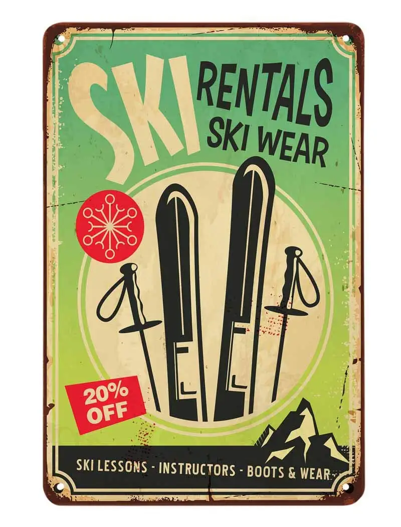 Ski Rentals Tin Sign,Ski Wear Ski Lessons Instructors Boots Vintage Metal Tin Signs for Cafes Bars Pubs Shop Wall Decorative