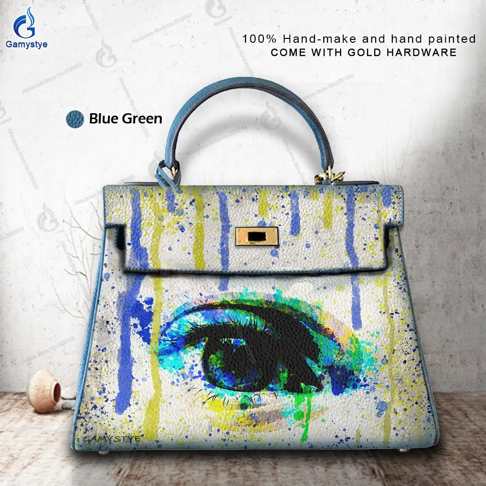 Women Bags Top-Handle A colorful eye Bag Cross Body Bags Bolsas Marcas Art Oil Graffiti Painted Handbags 100% Really Cow Leather