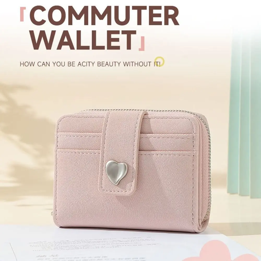 PU Leather Short Wallet Heart Buckle Multi-Functional Coin Purse Soft Texture Folding Design Money Pouch Pocket Portable