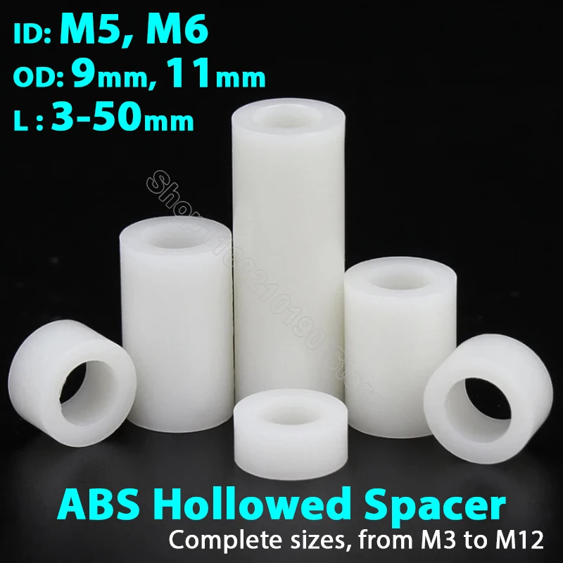 10-200Pcs M5 M6 Hollow Standoff Washer White ABS Non-Threaded Hollow Nylon Spacer Non-Threaded Round PCB Column Pillar OD 9 11mm