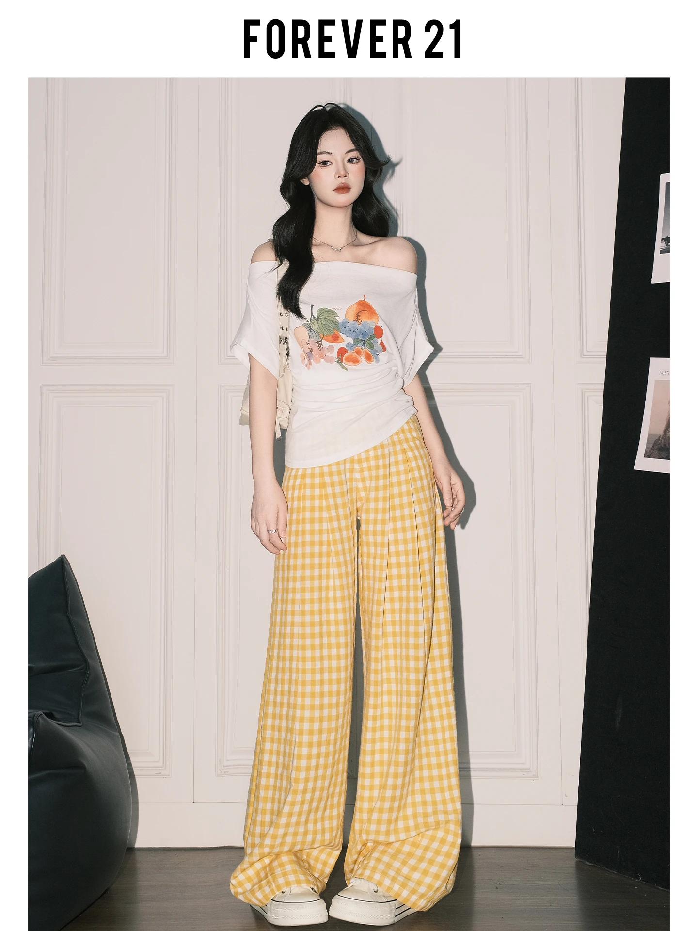 Pantalones informales de corte recto y pierna ancha con cintura alta para mujer, pantalones holgados con rejilla amarilla Dopaamine de verano, pantalones para caminar Forever 21
