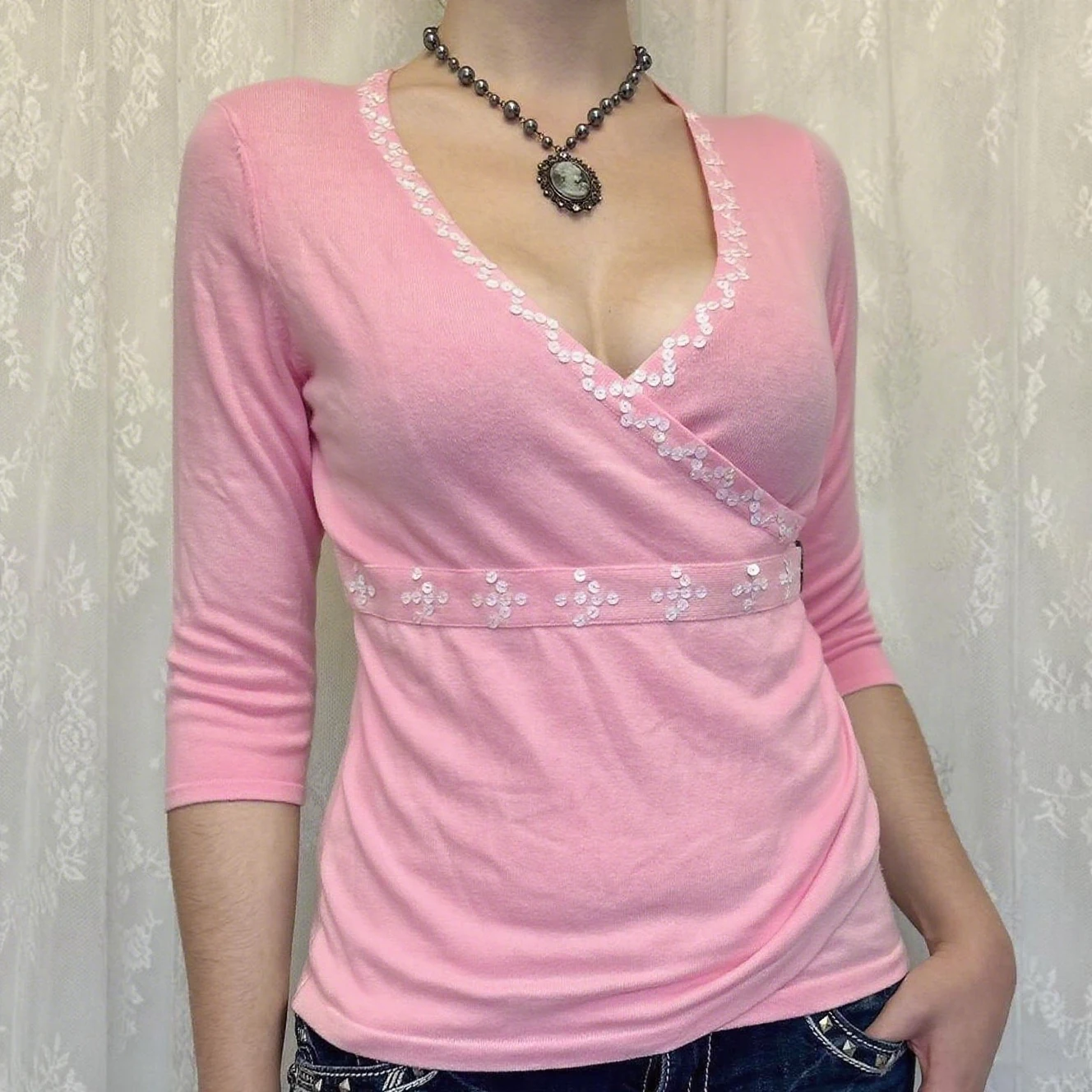 Sequins Soild Color Shirts Women's Spring Summer V Neck Tops 3 Quarter Sleeve Slim Fit Floral Lace Trim Blouse