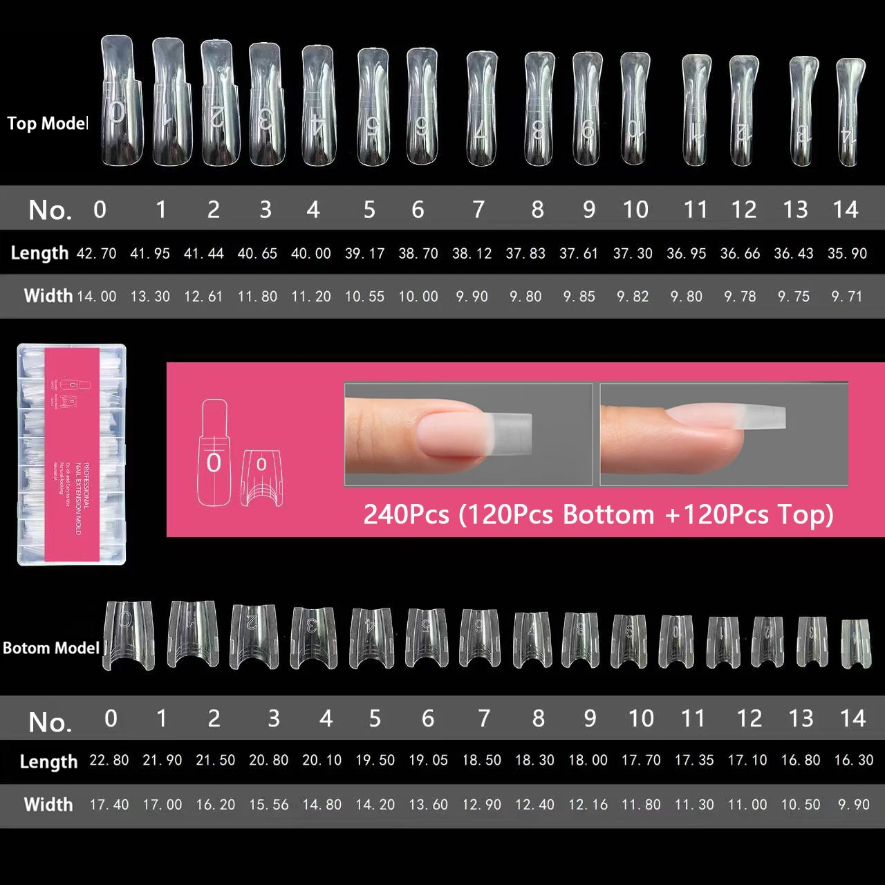 240Pcs New Sandwich Nail Dual Forms Reusable Mixed 15 Sizes Short Oval Square Top & Bottom Nail Mold Set For Builder Extension