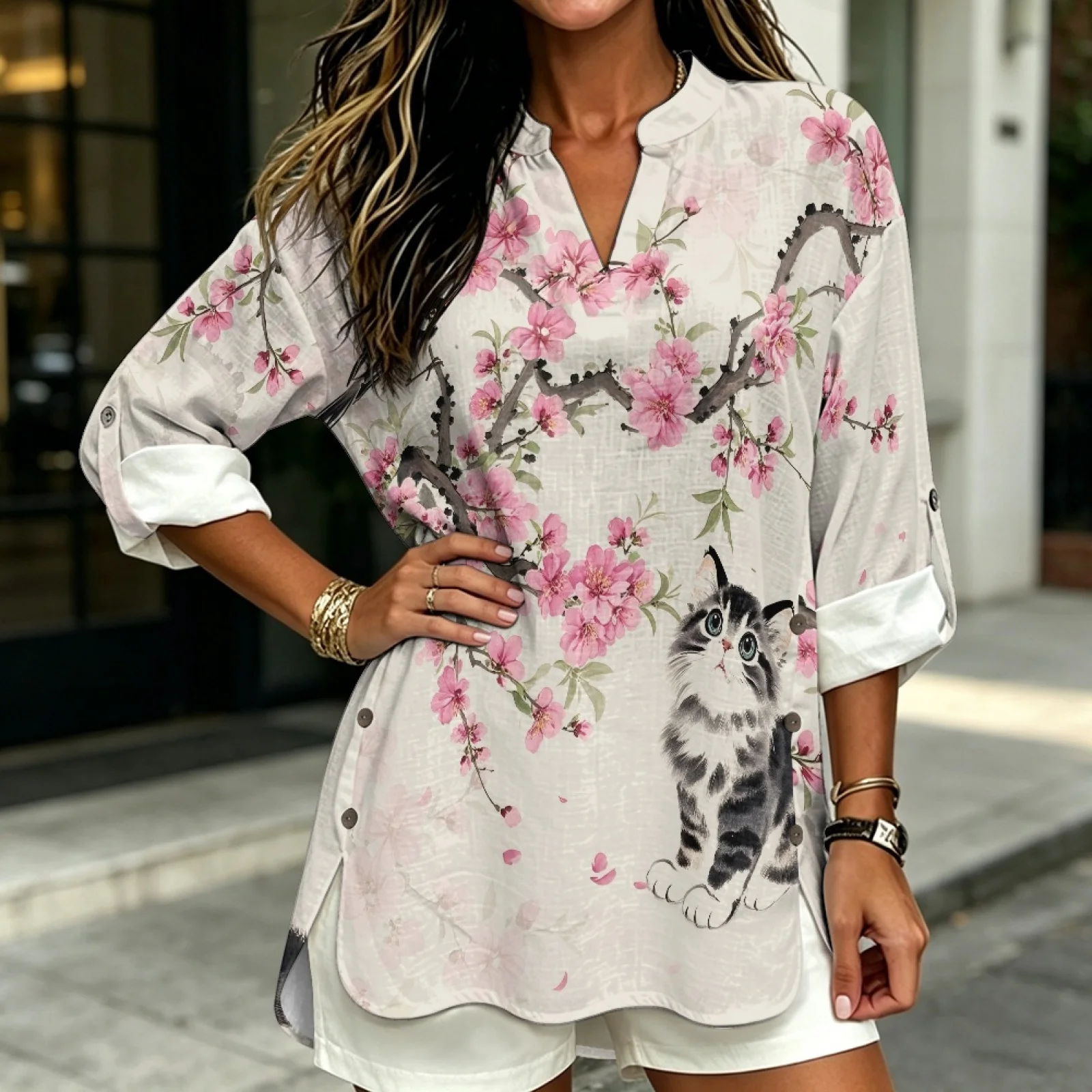 PENSTROLL Cherry Blossom Cat Rolled Cuffed Long Sleeve Blouse for Women Linen Like V Neck Blouse Long Sleeve Blouses