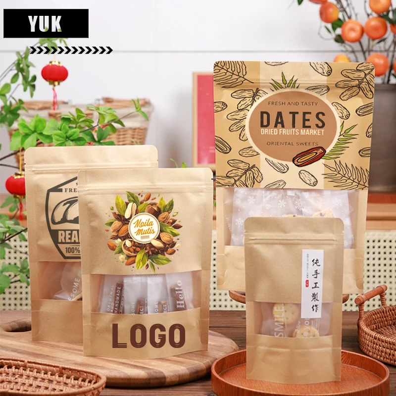 Kraft Paper Sealed Zipper Standing Bag, Reusable Nut, Moisture Proof, Custom Printed, Biscuit, Wheat Powder, Flour