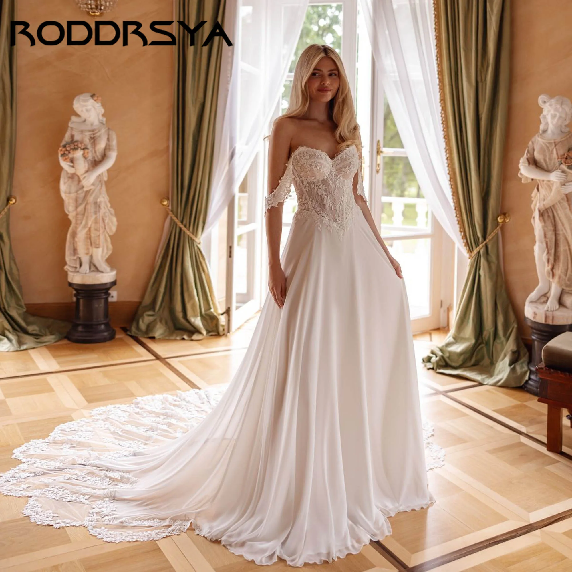 

RODDRSY Роскошные шифоновые свадебные платья с аппликацией и открытыми плечами, свадебные платья трапециевидной формы в стиле бохо, милые платья de novia по индивидуальному заказу