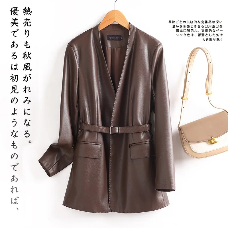 2026 New PU Leather Women's Collarless Suit Jacket High-end Feel Autumn Winter New Style Slim Waist Belt Fashion Female Outwear