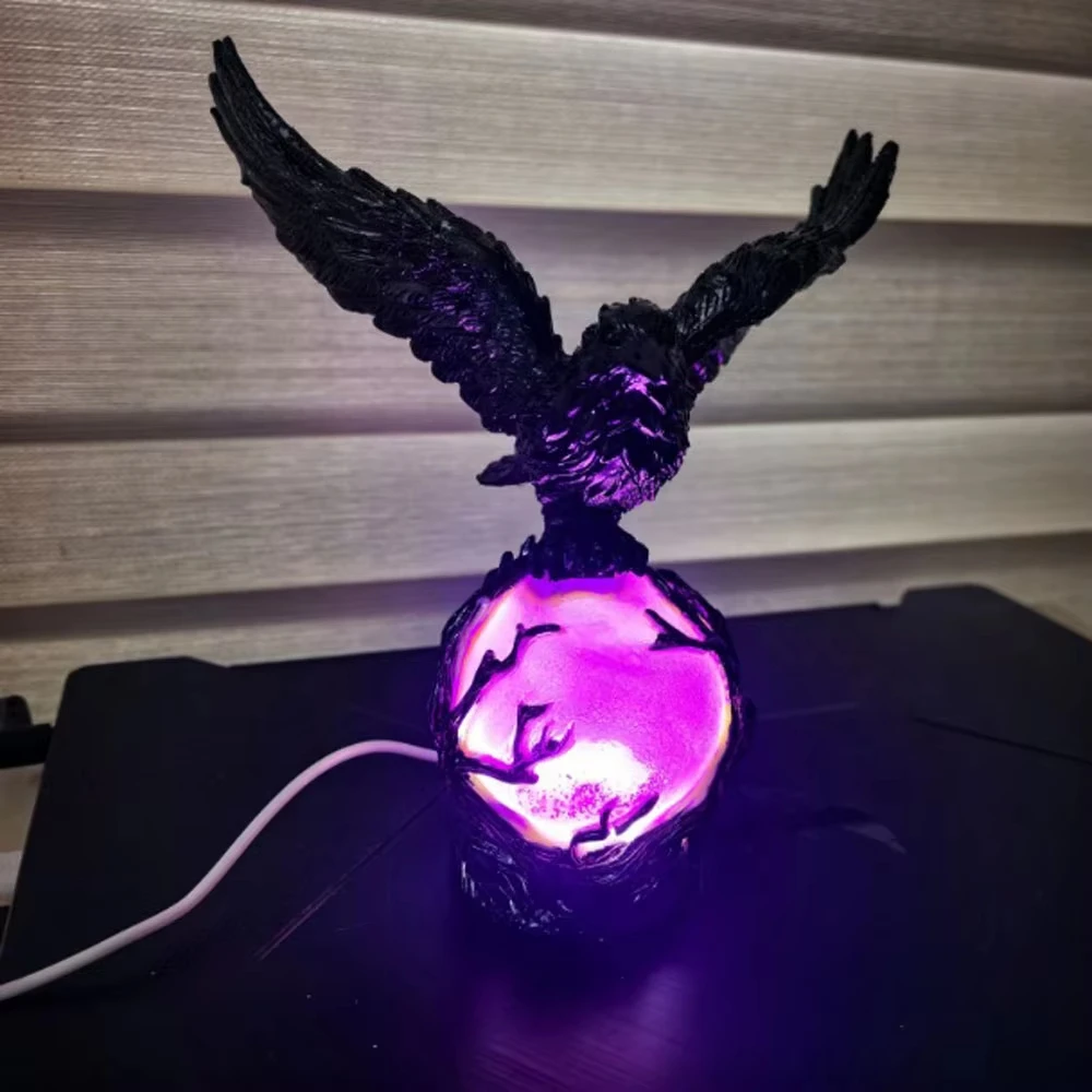 Gothic LED Table Lamp Raven's Moonlight Black Crow Statue Halloween Home Decorations Scary Ornaments Glowing Creative