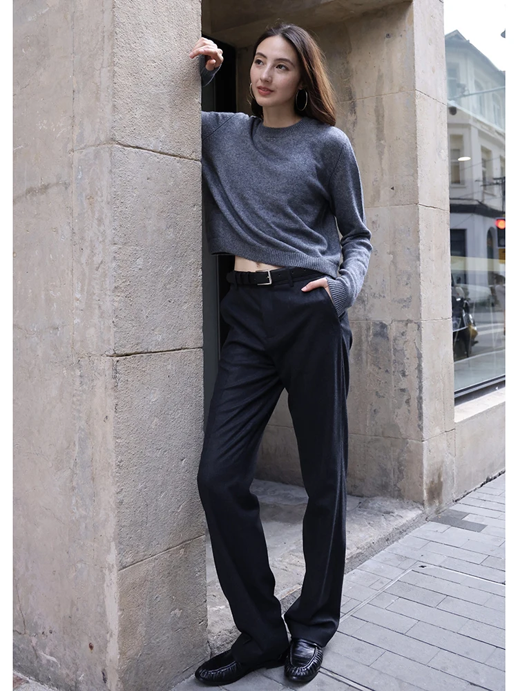 FANNIU 가을 겨울 모직 플란넬 펜슬 바지 통근용 여성용 긴 스트레이트 레그 바지 다리 길이 효과