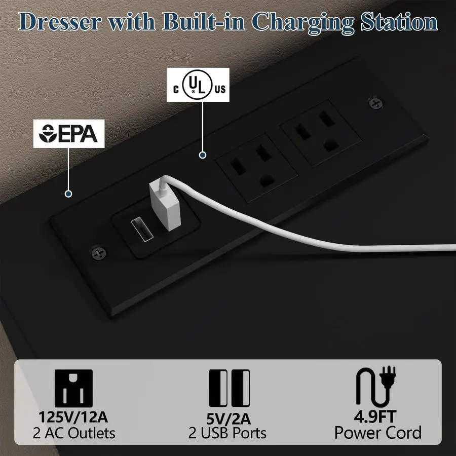 Commode noire à tiroirs divisés à 12 cellules, avec Station de charge, lumières Led pour chambre à coucher, longue commode 63 large, meuble TV pour téléviseurs vers le haut