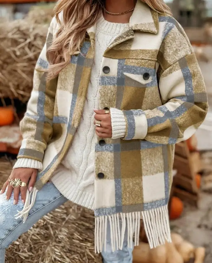 Women's Grid Print Lapel Button Front Fringe Casual Coat Autumn/Winter New Fashion Detail Coat