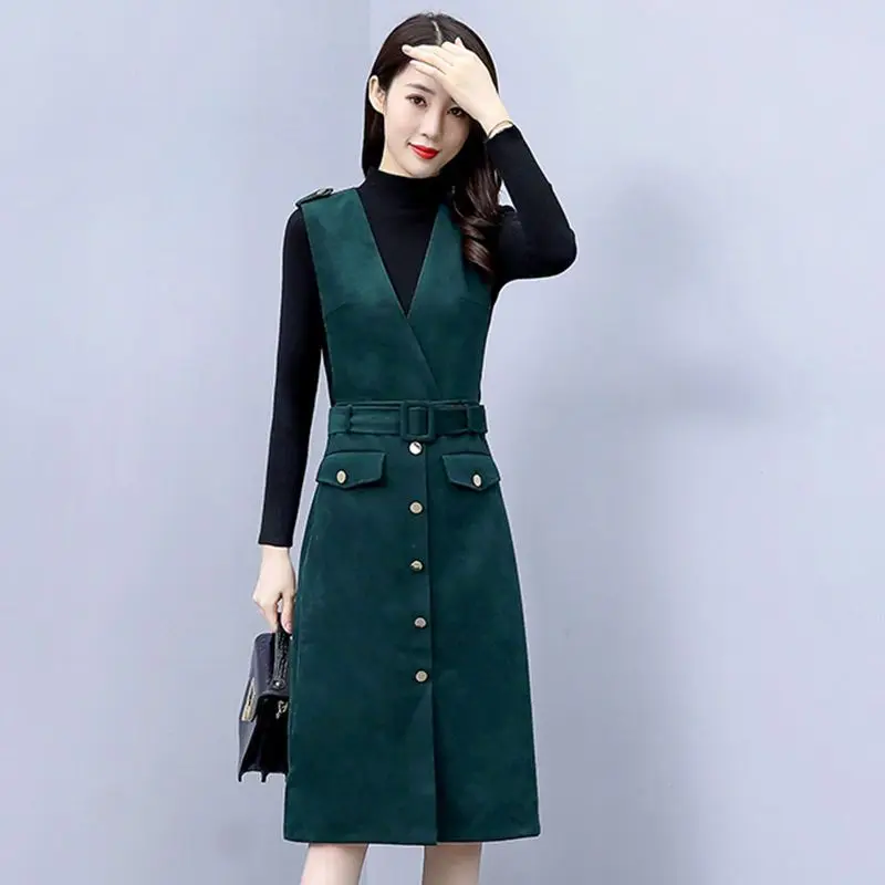 Autumn Winter Lucky Red Corduroy Vest Dress Black Knit Tops Two Piece Set Women 2023 New Slim Dresses with Belt Sweater Outfits