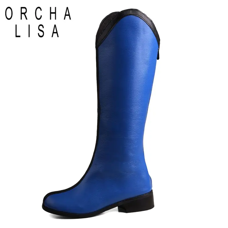 

ORCHALISA 2024 New Design Women Knee Boots Round Toe Thick Heels Zipper Mixed Color Plus Size 46 47 48 Casual Daily Knight Bota