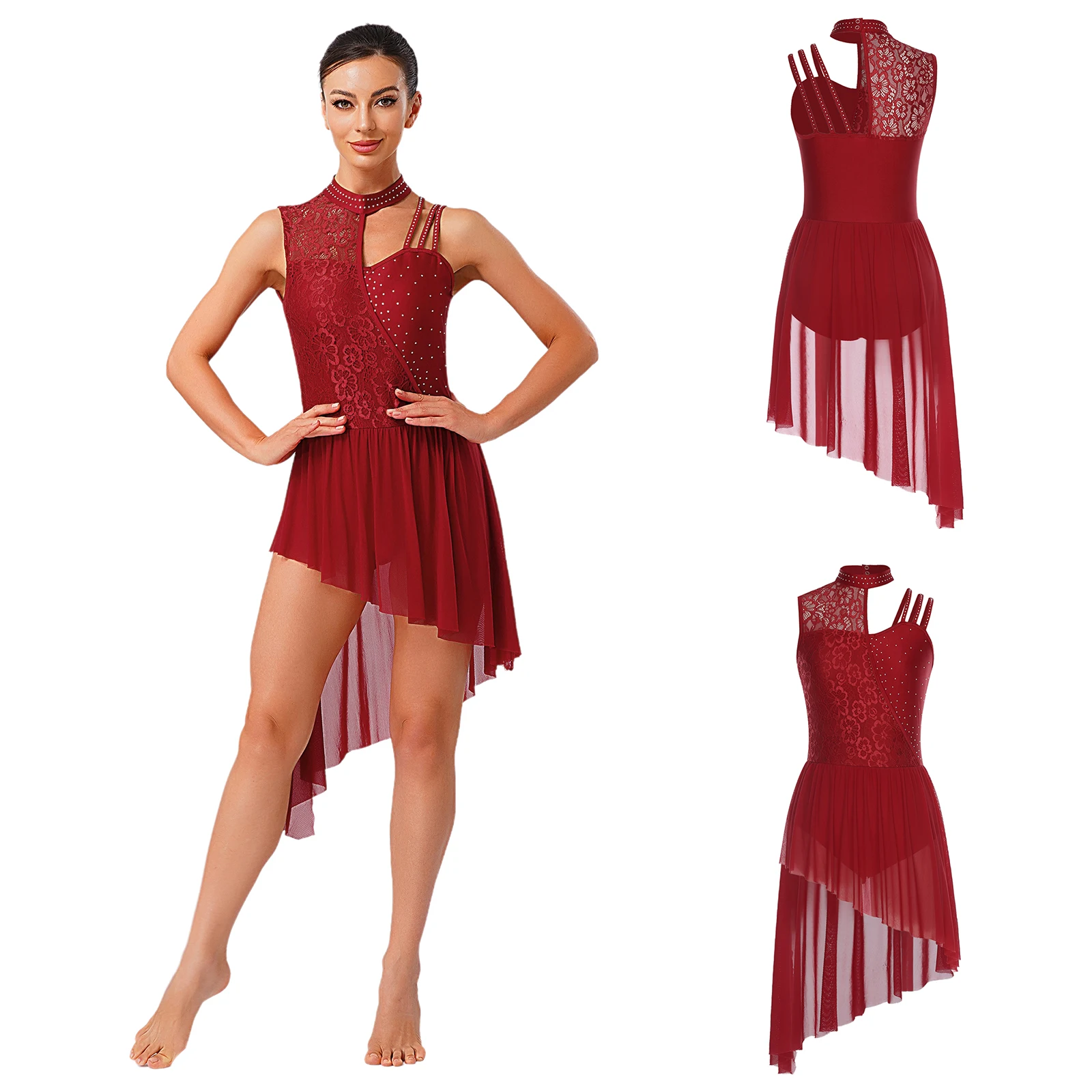 Women Lyrical Dance Dress Floral Lace Rhinestones Leotard Dresses Ballet Figure Skating Waltz Latin Cha-cha Modern Dancewear view 2
