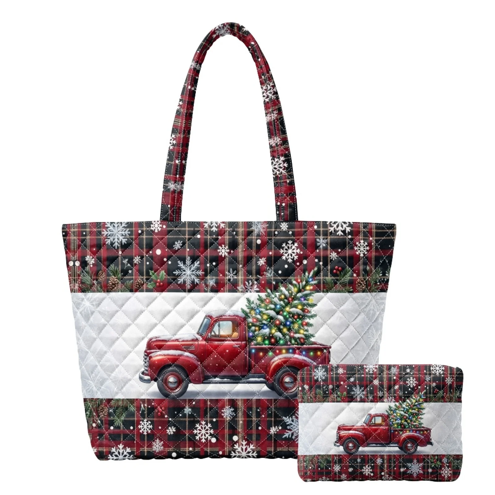Coloranimal Christmas Red Truck Set 2 Piece Casual Quilted Purses and Handbags for Everyday Holiday Party New Trend
