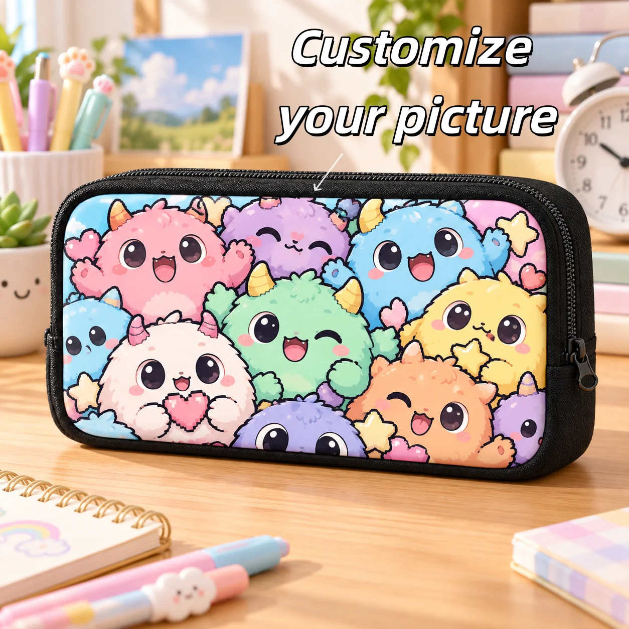Custom Full Picture Large Capacity Student Stationery Bag Front Panel Print for School Supplies Unisex Gift