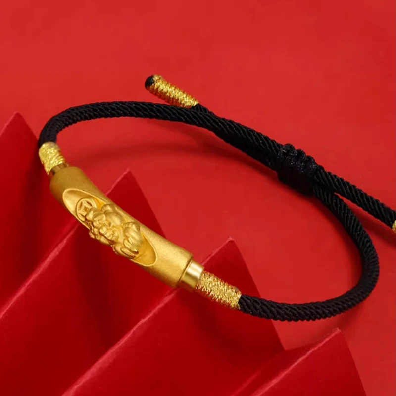 Pulseira de Ouro Amarelo Puro 24K para Homens e Mulheres, Tubo de Cotovelo 3D, Cordão Vermelho Lucky Pixiu, Lover, 1PC, 6.3in Length