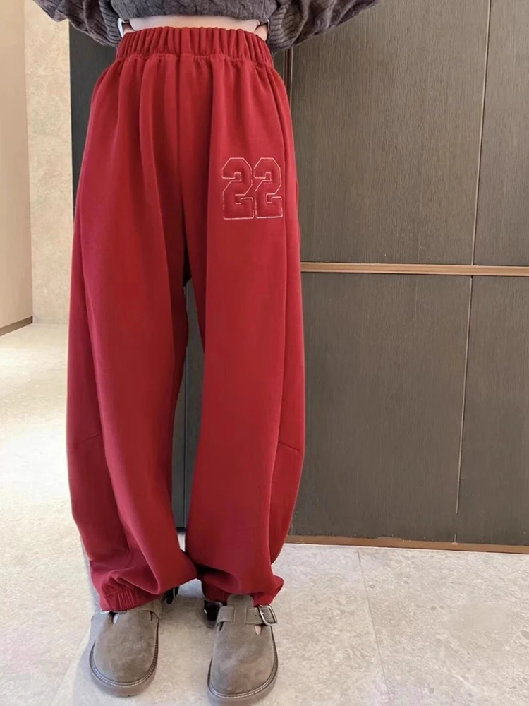 Pantaloni sportivi foderati in Fce rosso primavera autunno Pantaloni lanterna larghi a gamba larga da donna Pantaloni lunghi a vita alta sportivi casual